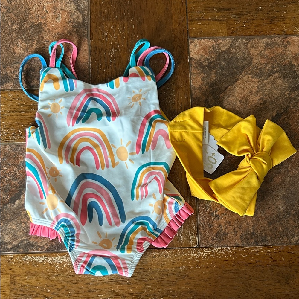Mud Pie Rainbow Kids Swimsuit One Piece with Yellow Headband